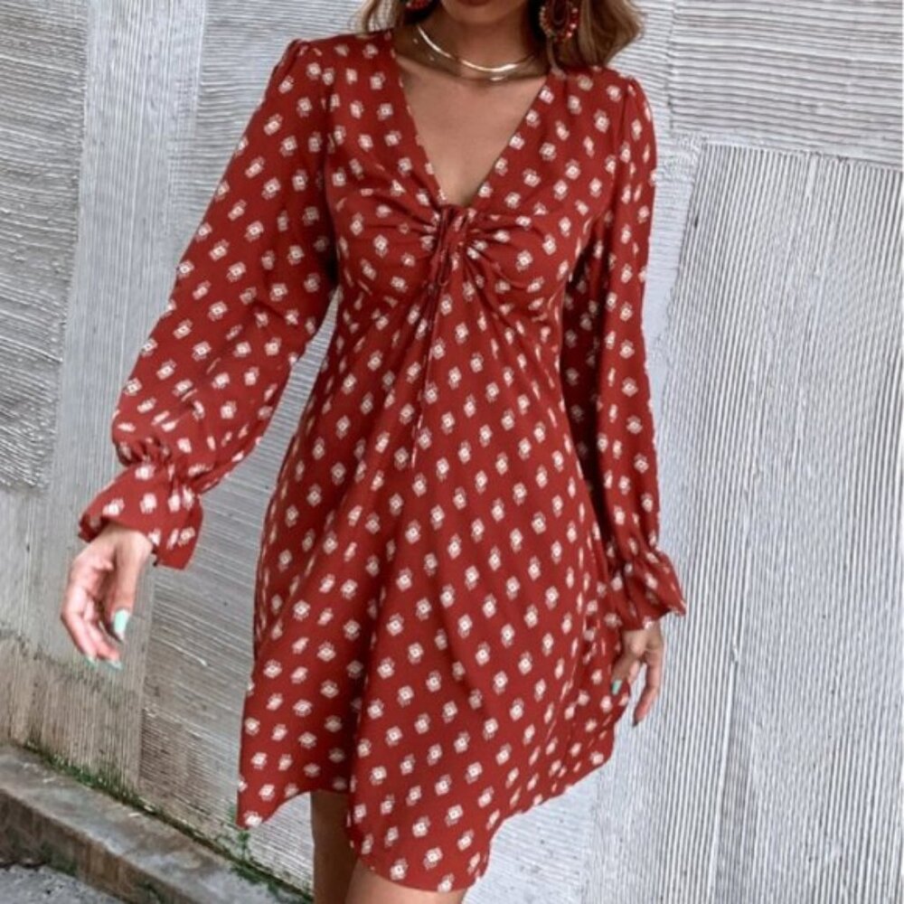 LAST ONE 🔥 Boho Print Flounce Sleeve Knot Front Dress